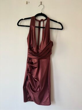 Windsor Brown Satin Halter Cocktail Mini Dress